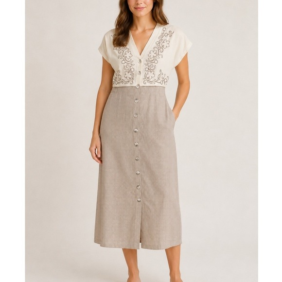 Plaza South Dresses & Skirts - Plaza South Vintage 90s Embroidered Gingham Midi Dress NOS Ramie Linen Tan 14